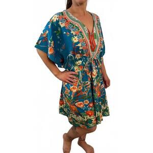 NWT Boho Style Floral Caftan Swim Beach Cover up Tunic Dress L XL XXL OS